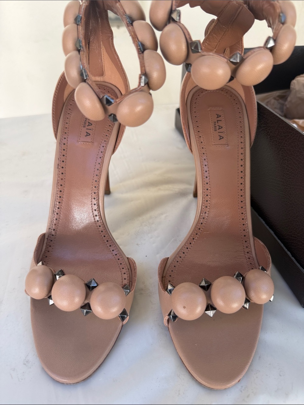 Alaïa Blush Tan Beaded Leather High Heel Sandals